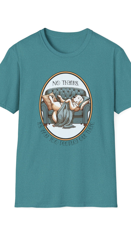 Teal t-shirt with graphic design of a dog on a couch and text on a white background