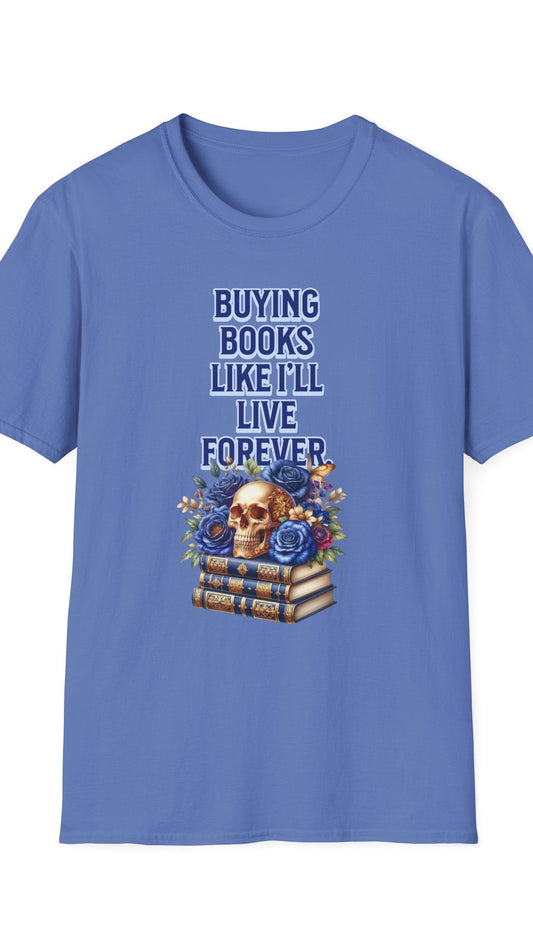 Blue t-shirt with skull and books design on a white background