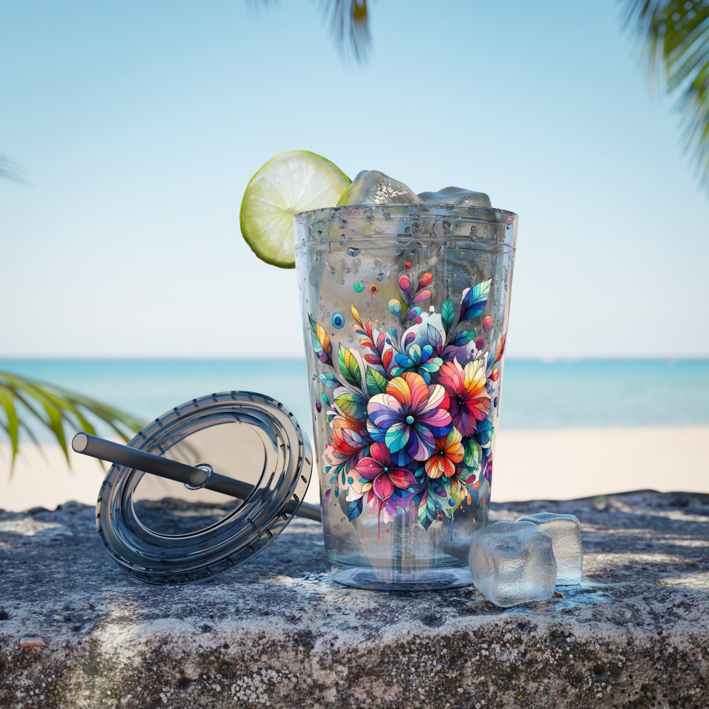 Rainbow Floral Explosion 16oz. Insulated Tumbler with Straw