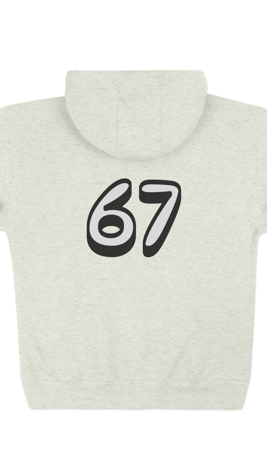 Gray hoodie with black number '67' on a white background
