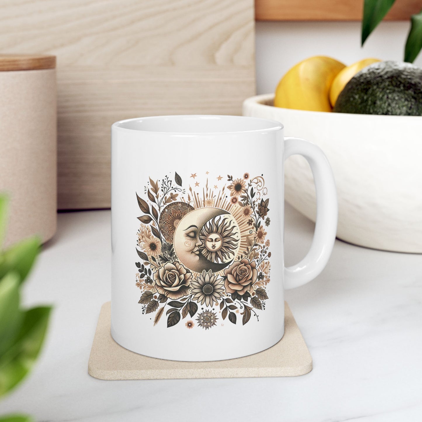 Boho Floral Celestial Sun & Moon Ceramic Mug