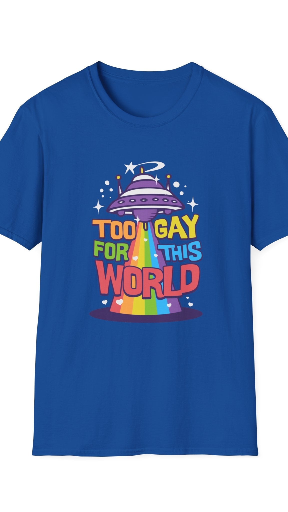 Blue t-shirt with colorful graphic and text on a white background