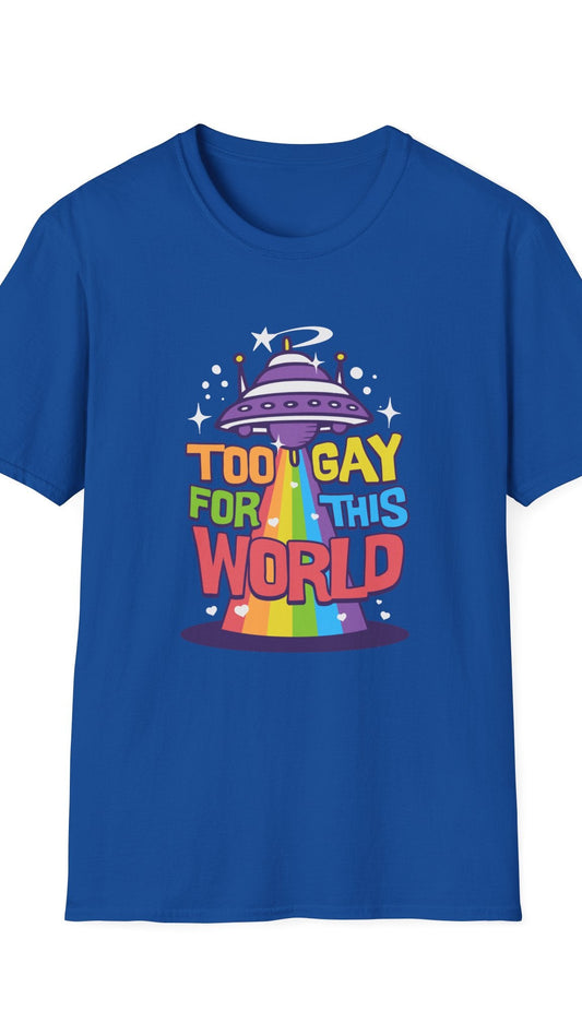 Blue t-shirt with colorful graphic and text on a white background