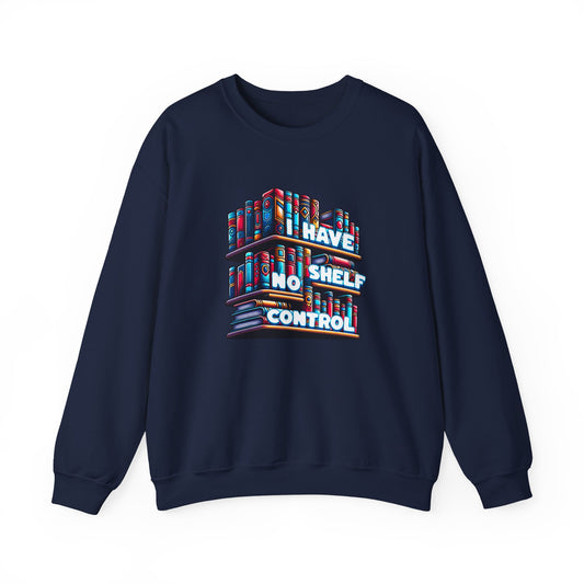 Navy blue sweatshirt with colorful bookshelf design and text on a white background