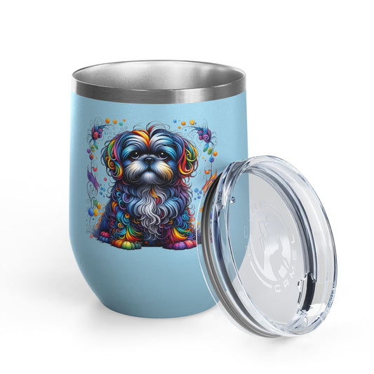 Tumbler with a colorful dog design on a light blue background