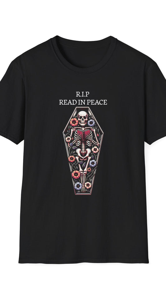 Black t-shirt with a coffin design featuring a skeleton and flowers on a white background