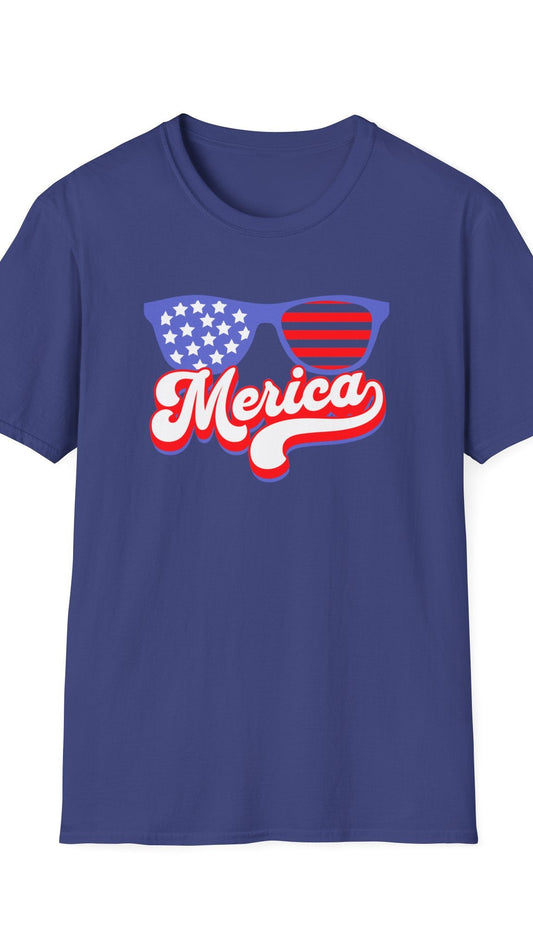 Blue t-shirt with 'Merica' graphic design featuring American flag sunglasses on a white background