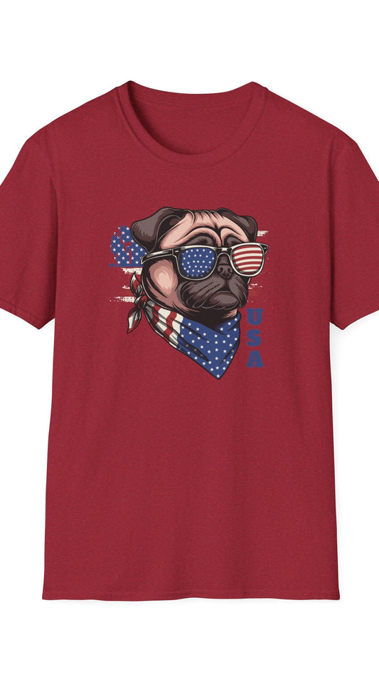 Red t-shirt with a pug graphic wearing sunglasses and an American flag bandana on a white background