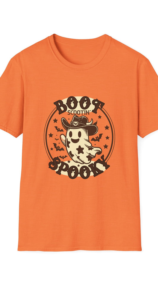 Orange t-shirt with a ghost wearing a cowboy hat and 'Boot Scootin' Spooky!' text on a white background