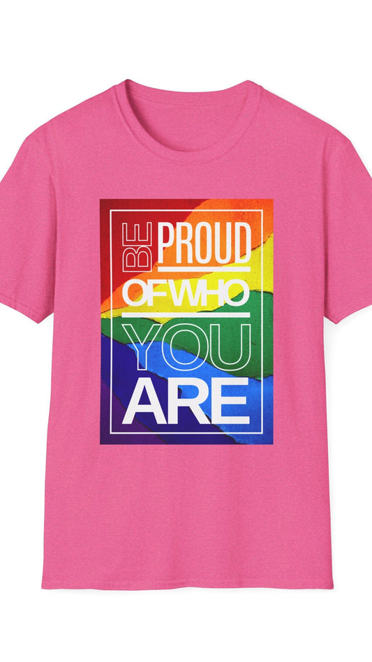 Pink t-shirt with a colorful graphic and text on a white background