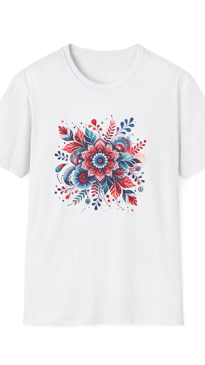 White t-shirt with a colorful floral design on a white background