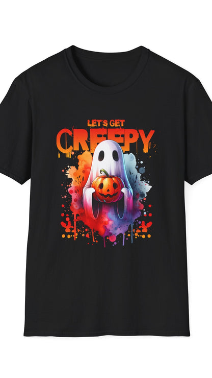 Black t-shirt with Halloween-themed design featuring a ghost, pumpkin, and text 'Let's Get Creepy' on a white background.