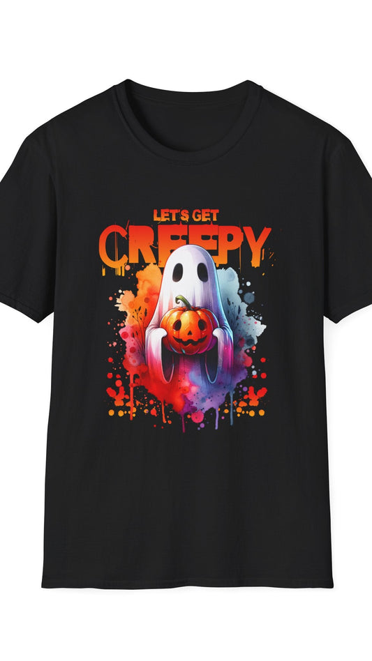 Black t-shirt with Halloween-themed design featuring a ghost, pumpkin, and text 'Let's Get Creepy' on a white background.