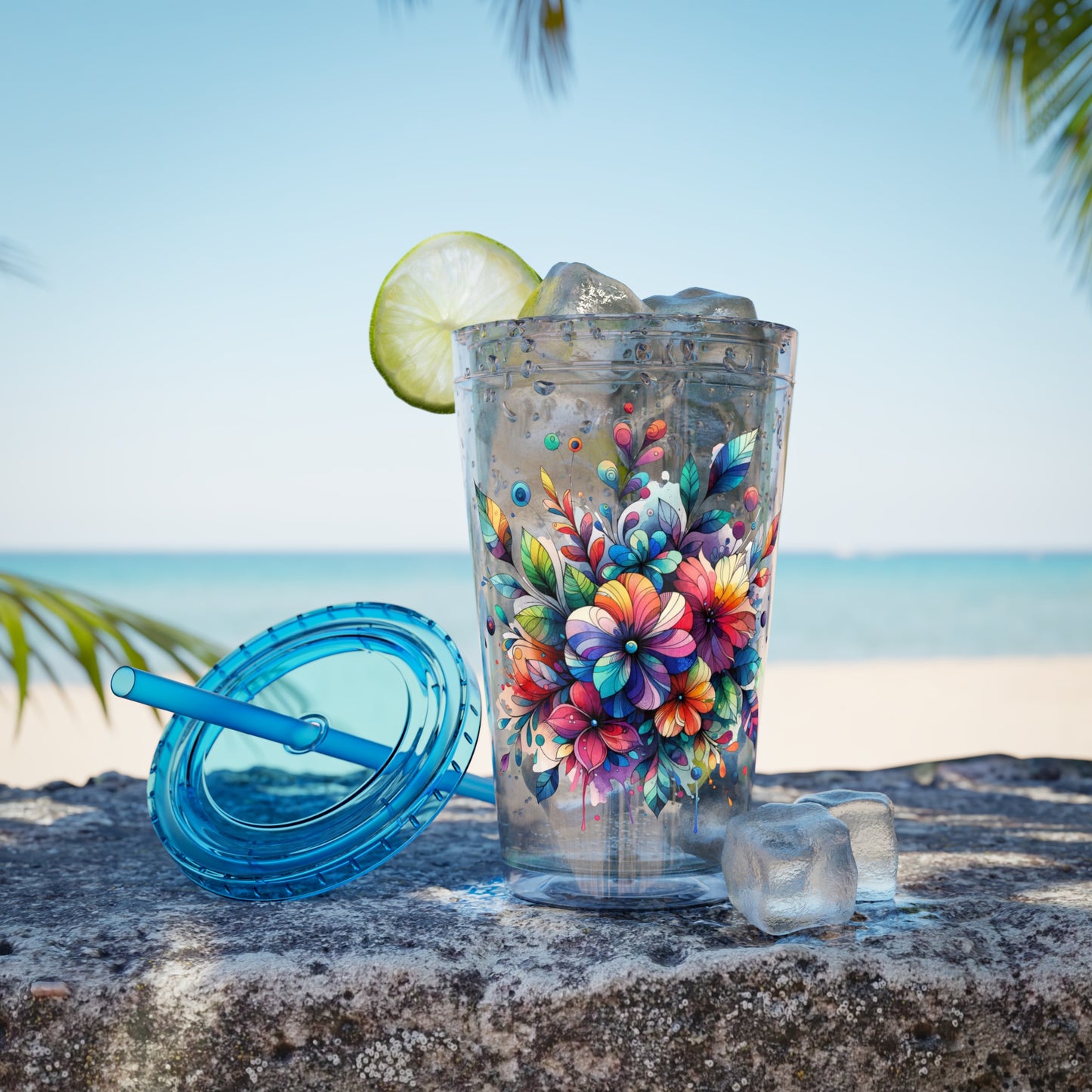 Rainbow Floral Explosion 16oz. Insulated Tumbler with Straw