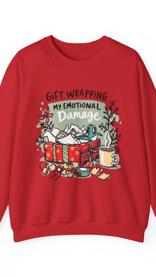 Red sweatshirt with chaotic gift wrapping image