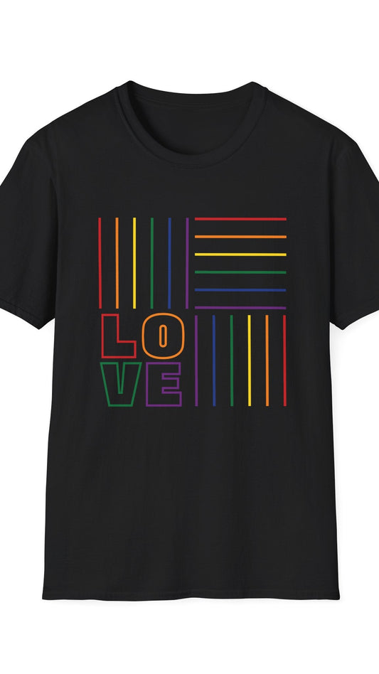 Black t-shirt with 'LOVE' in rainbow colors on a white background