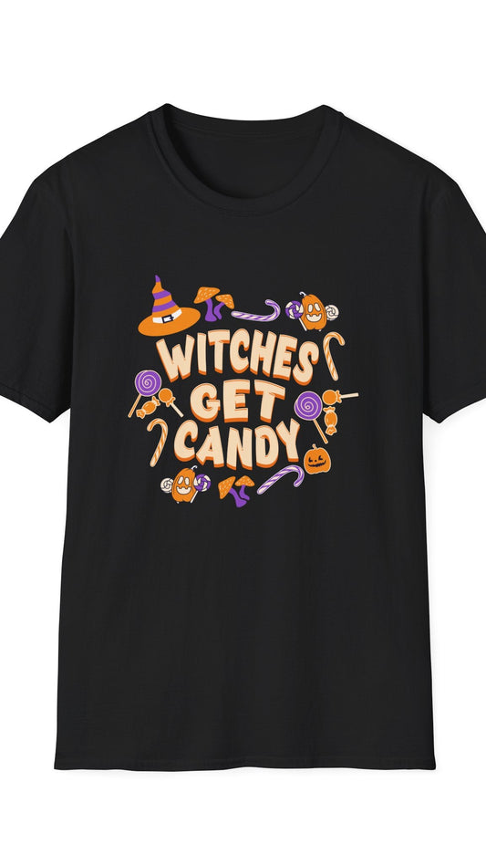 Black t-shirt with Halloween-themed design and text on a white background