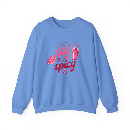 Blue sweatshirt with red text and graphics on a white background
