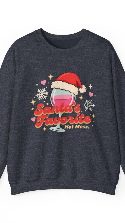 Navy sweatshirt with a festive design featuring a glass of pink wine, Santa hat, and text on a white background.
