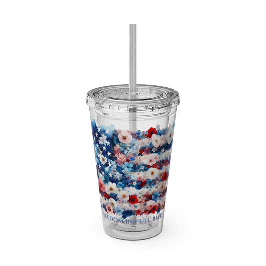 Acrylic tumbler with a watercolor floral American flag design, lid, and straw