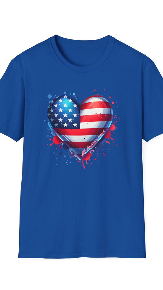 Blue t-shirt with an American flag heart design on a white background