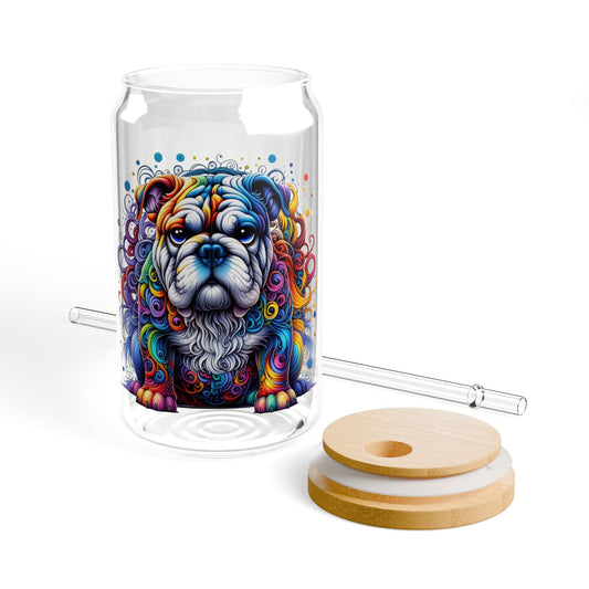 Glass tumbler with colorful dog illustration, wooden lid, and straw on a white background