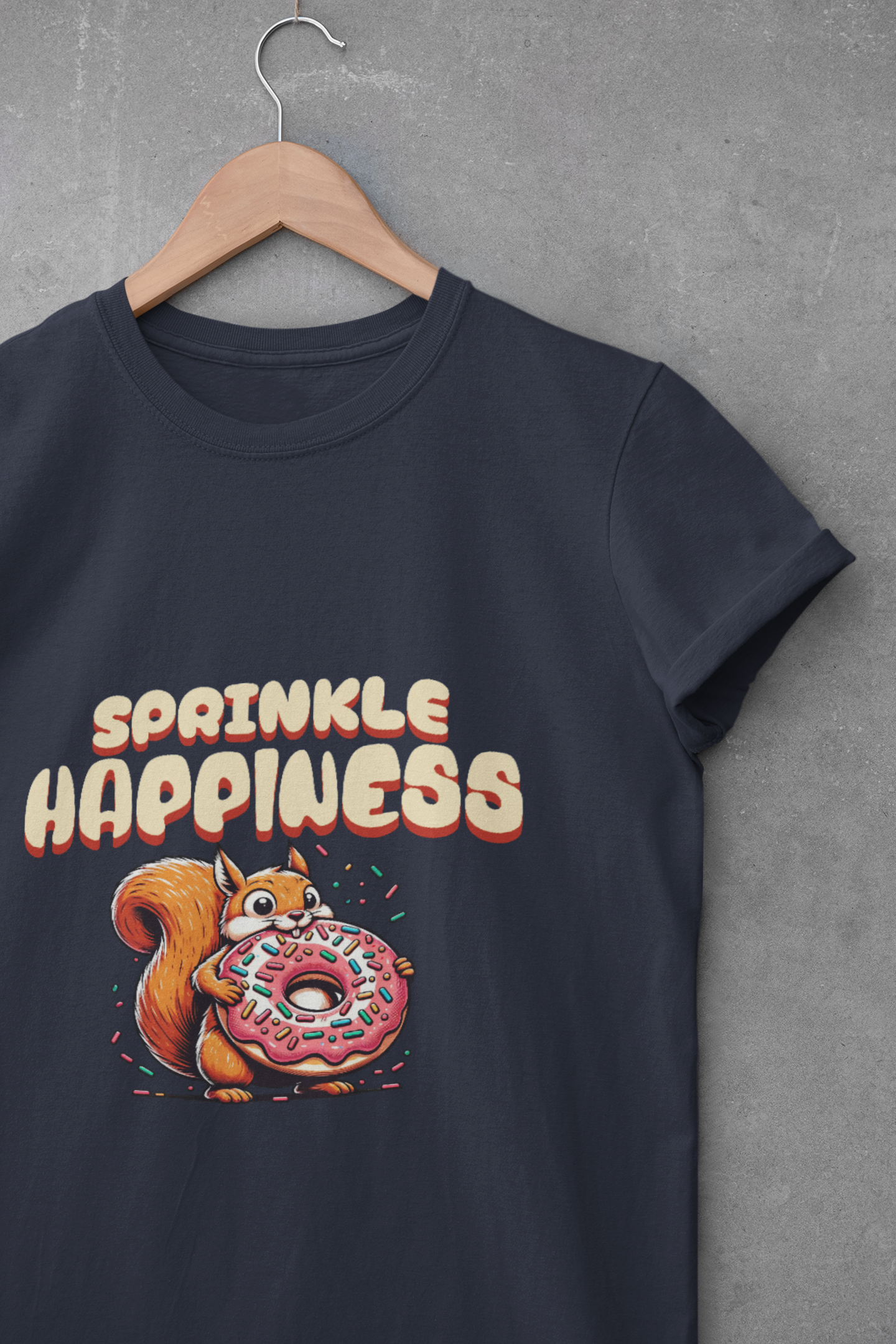 A navy-colored unisex t-shirt with a graphic print of a squirrel holding a donut and the phrase 'SPRINKLE HAPPINESS' above it.