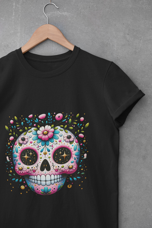 Black t-shirt featuring a colorful floral sugar skull design inspired by Día de los Muertos