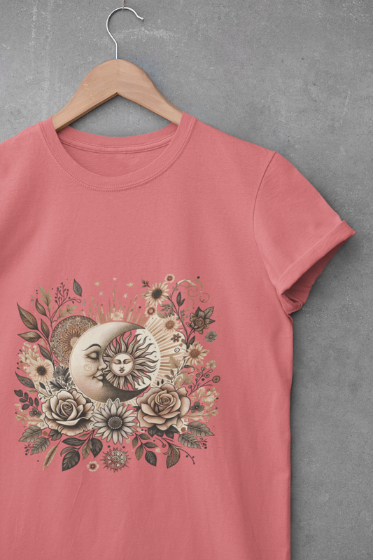 Balance sun and moon energy in this soft floral graphic tee. Ethically made, perfect for boho styles, festivals, and thoughtful gift-giving.