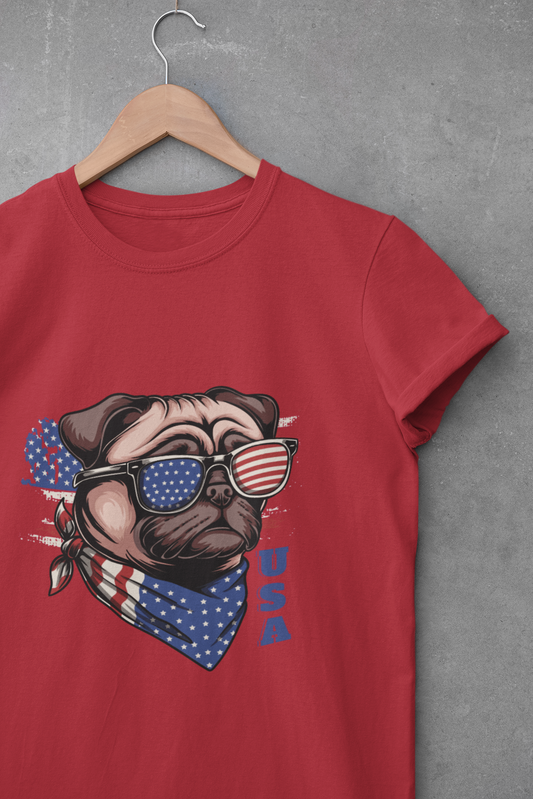 Red unisex t-shirt featuring a pug wearing USA flag sunglasses and bandana with the word “USA”