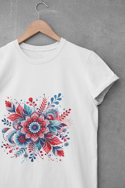 White t-shirt featuring a bold red, white, and blue floral burst design with a watercolor effect