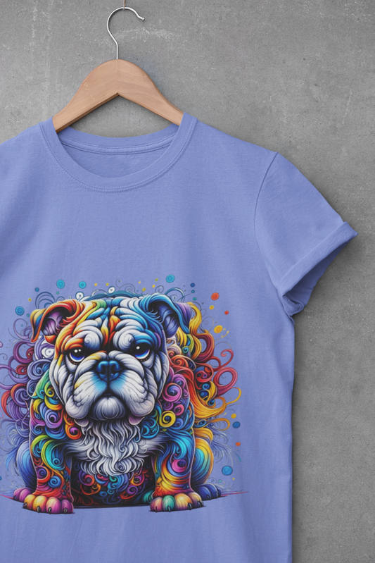 Blue t-shirt with a colorful bulldog design on a hanger against a gray background