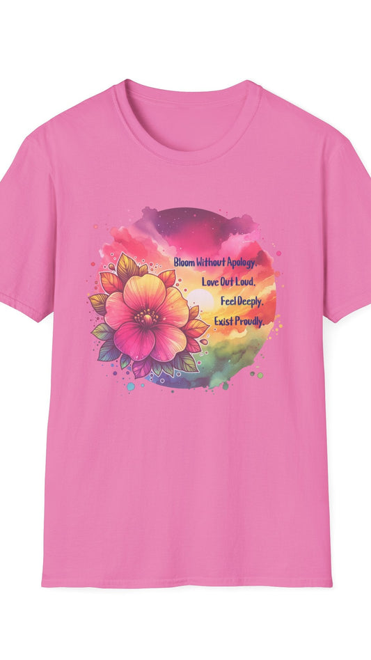 Pink t-shirt with colorful floral design and text on a white background