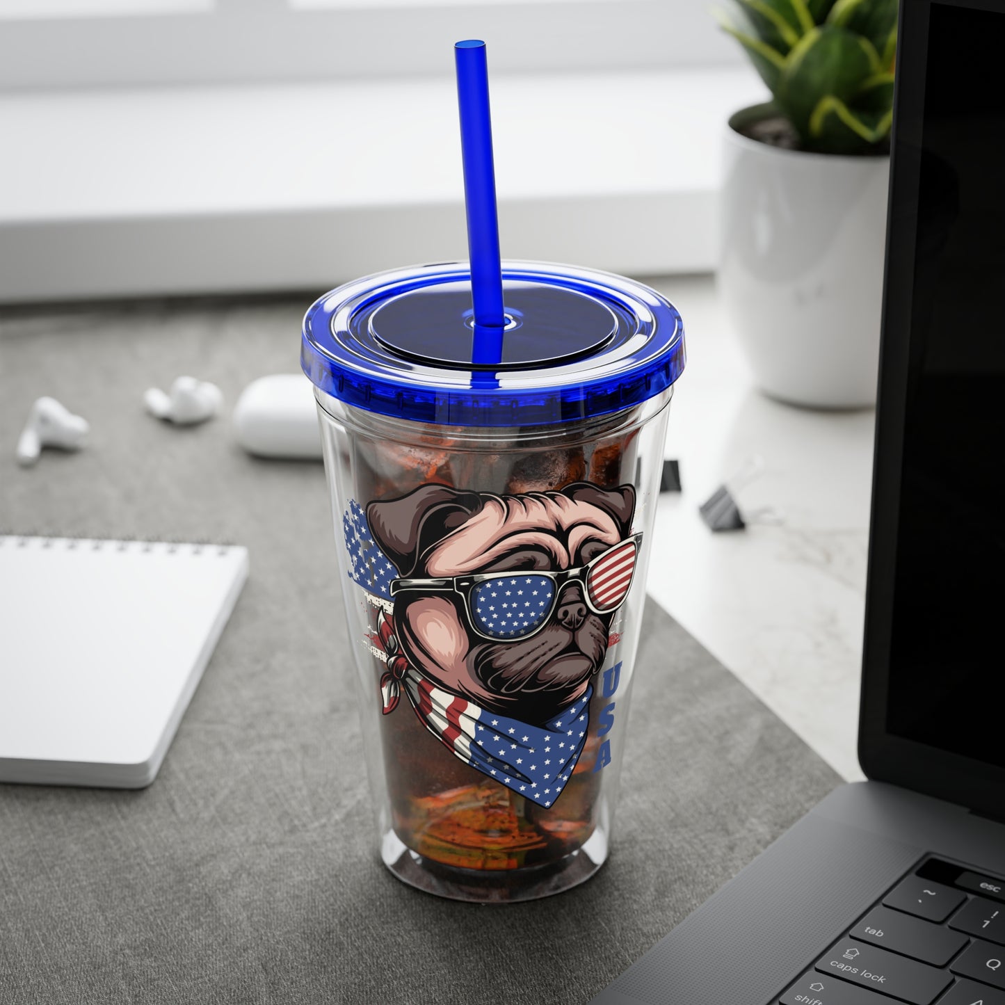 Patriotic Pug 16oz. Insulated Tumbler with Straw