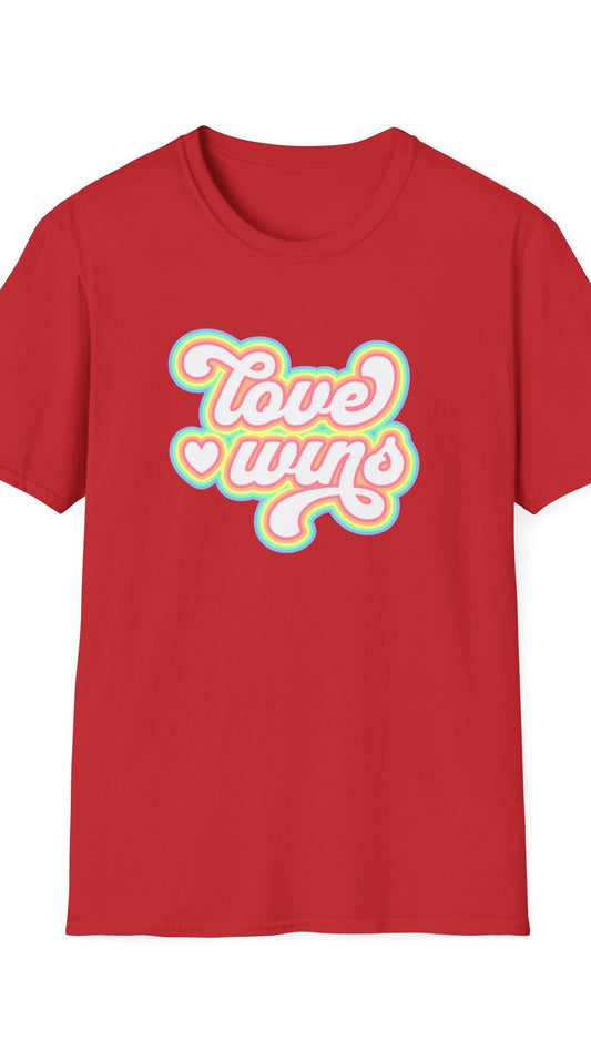 Red t-shirt with 'Love wins' text on a white background