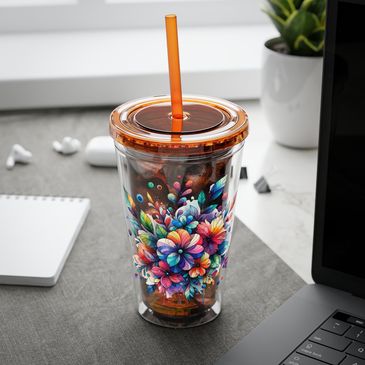 Rainbow Floral Explosion 16oz. Insulated Tumbler with Straw