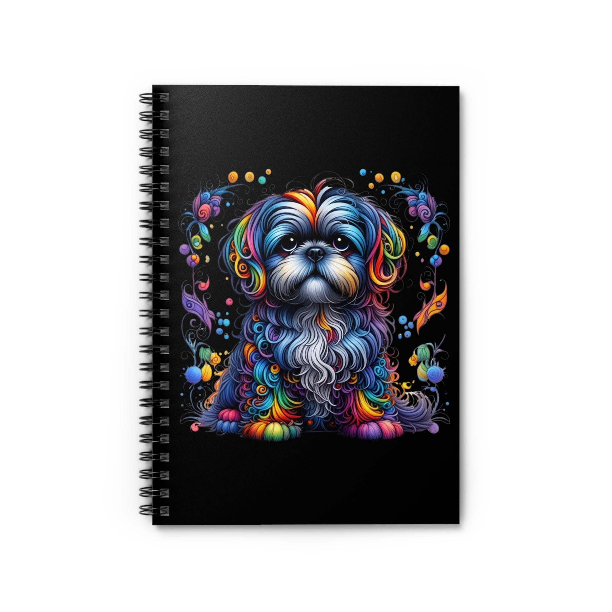 Notebook with a colorful dog illustration on a black background