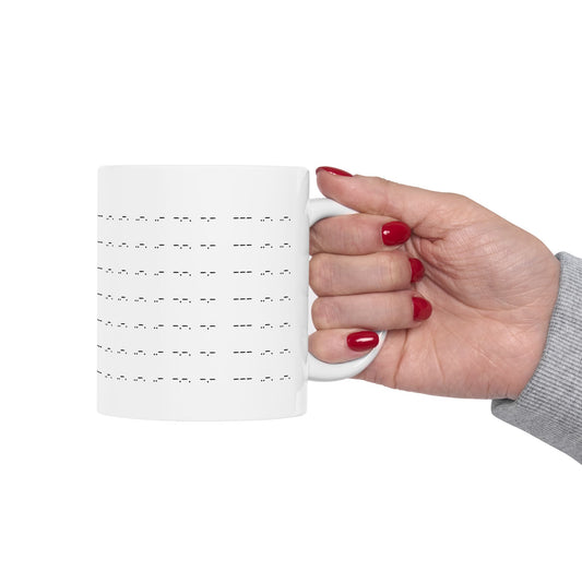 White ceramic mug featuring a repeating Morse code pattern that subtly spells out “F*ck Off” in black dots and dashes.