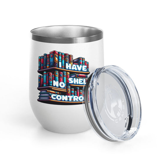 White tumbler with colorful book design and text 'I have no shelf control' on a white background