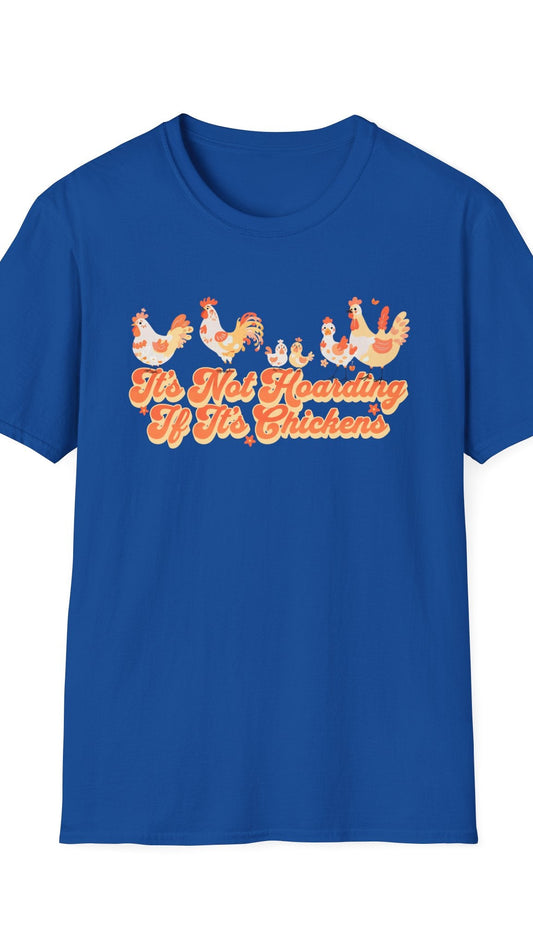 Blue t-shirt with chicken graphic and text on a white background