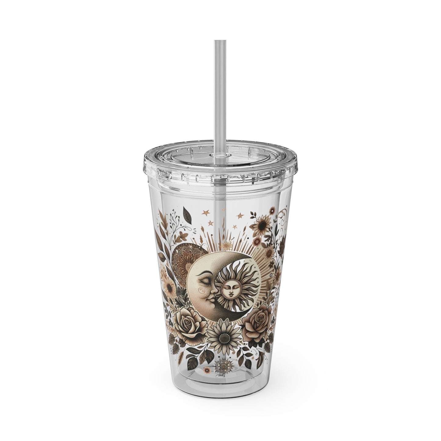 Tumbler featuring a floral sun and moon design with lid and straw, in vibrant celestial colors