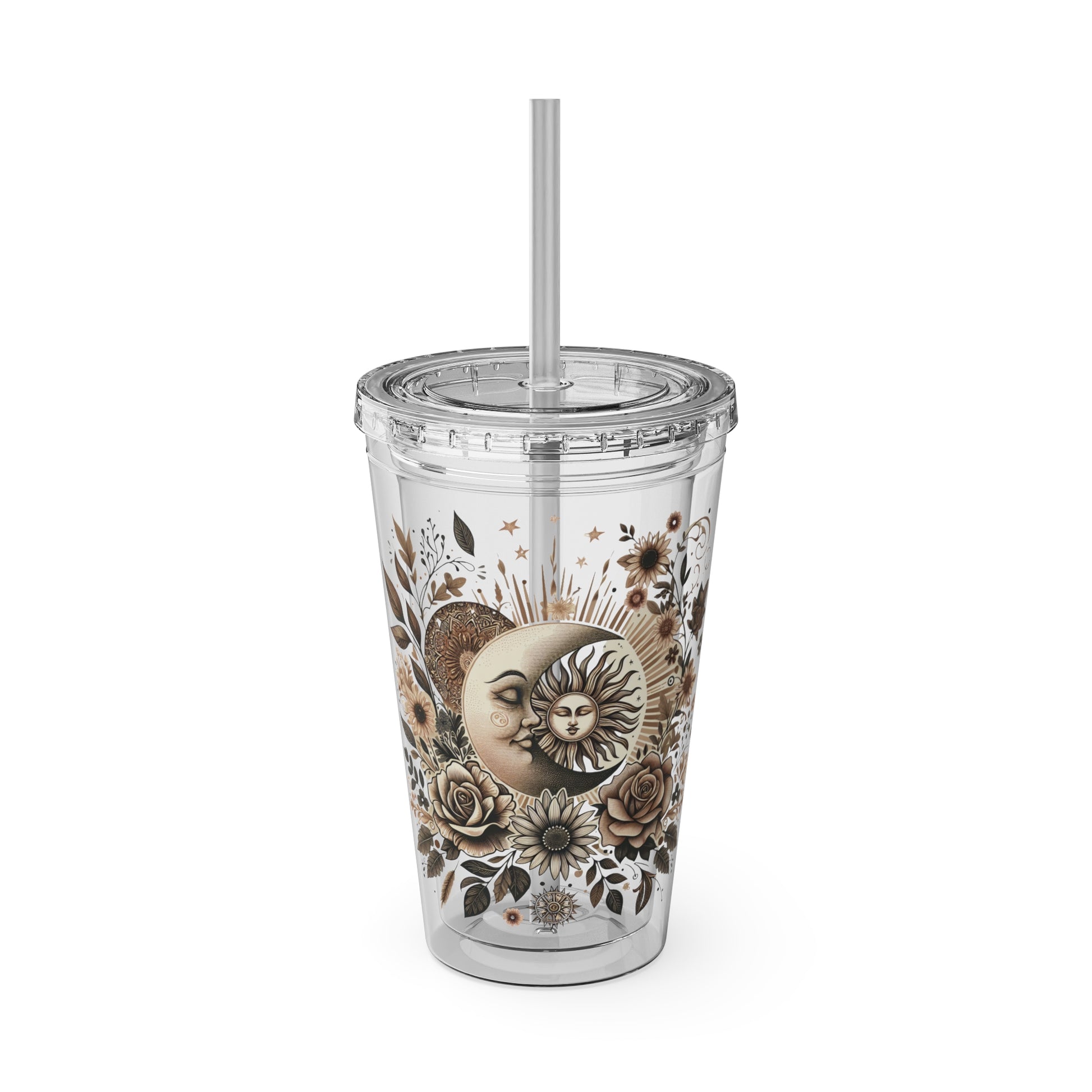 Tumbler featuring a floral sun and moon design with lid and straw, in vibrant celestial colors