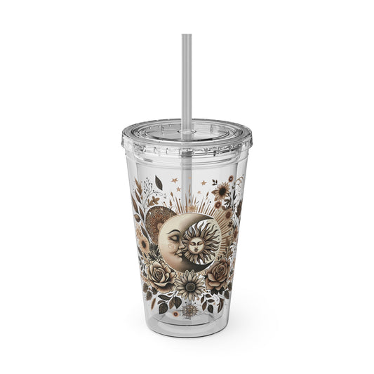 Tumbler featuring a floral sun and moon design with lid and straw, in vibrant celestial colors