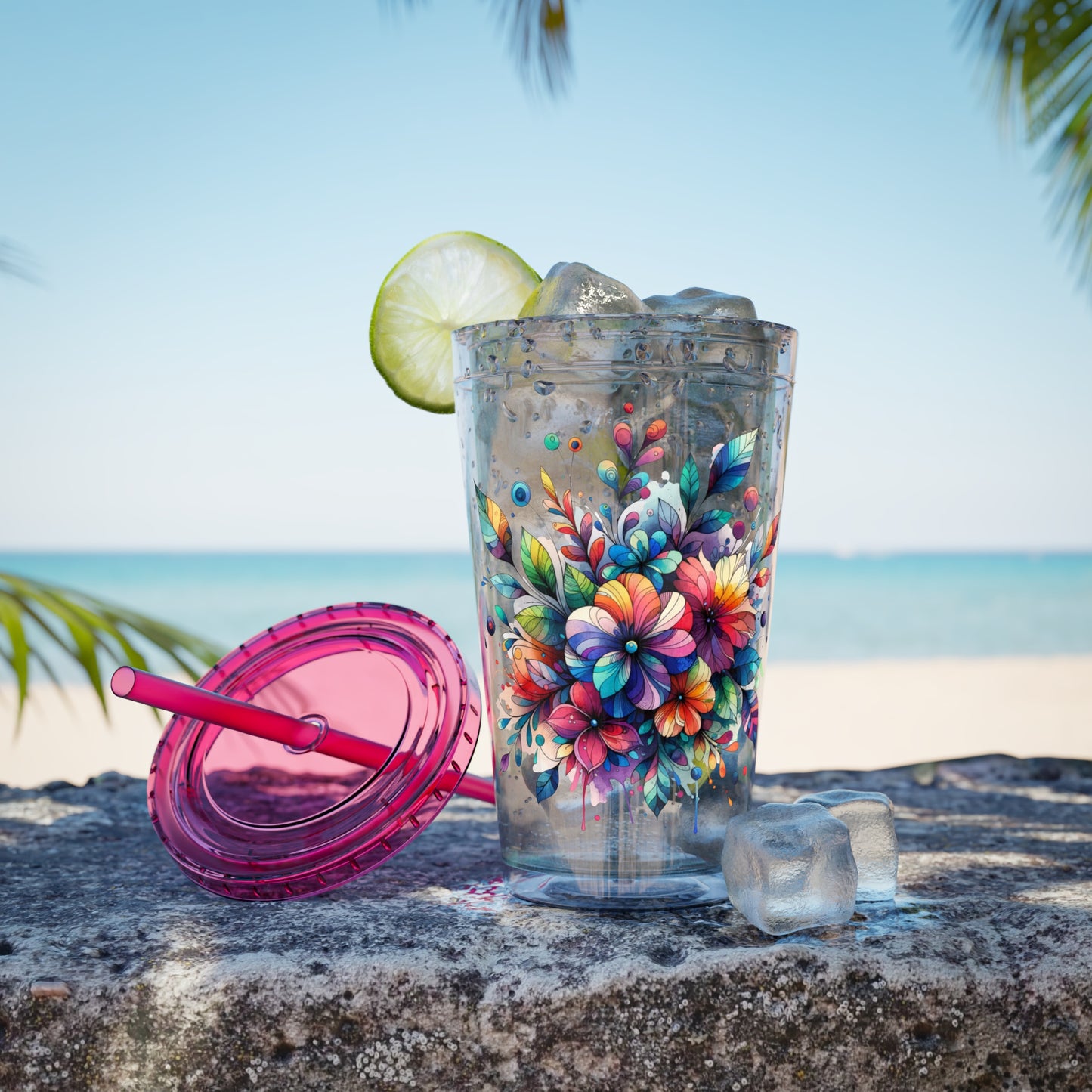 Rainbow Floral Explosion 16oz. Insulated Tumbler with Straw