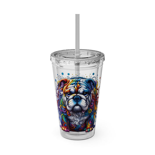 Clear tumbler with a colorful dog illustration on a white background