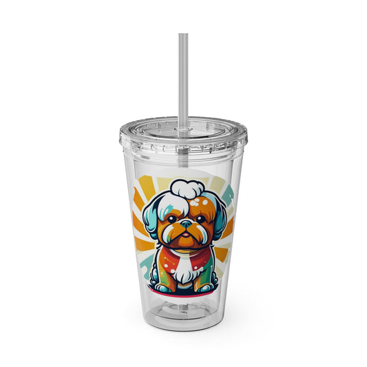 Clear tumbler with a colorful dog illustration on a white background
