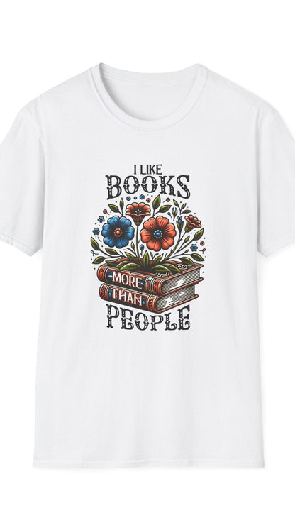 White t-shirt with floral book design and text on a white background