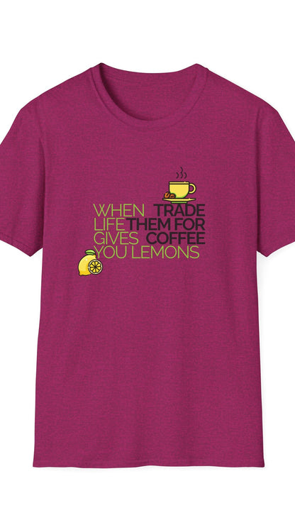 Magenta t-shirt with humorous text design on a white background