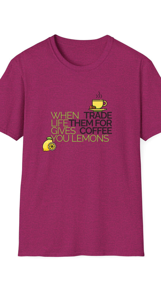 Magenta t-shirt with humorous text design on a white background