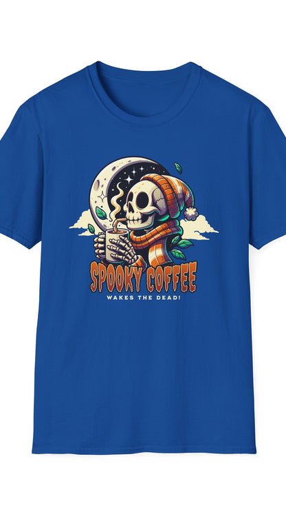 Blue t-shirt with a Halloween-themed design featuring a skeleton holding a coffee cup and text 'Spooky Coffee Wakes the Dead' on a white background.